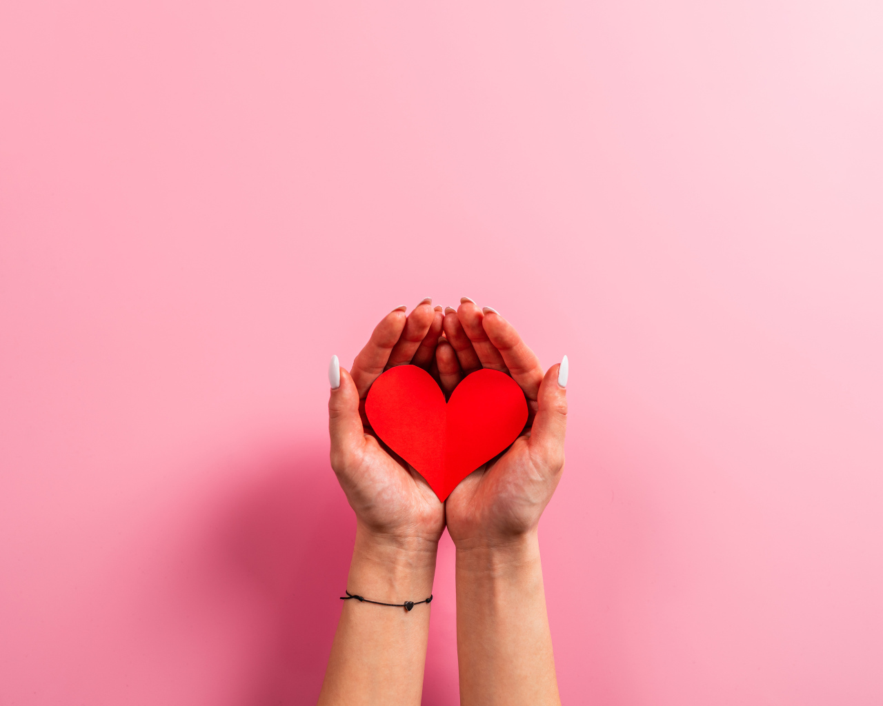 Красное бумажное сердце в руках на розовом фоне