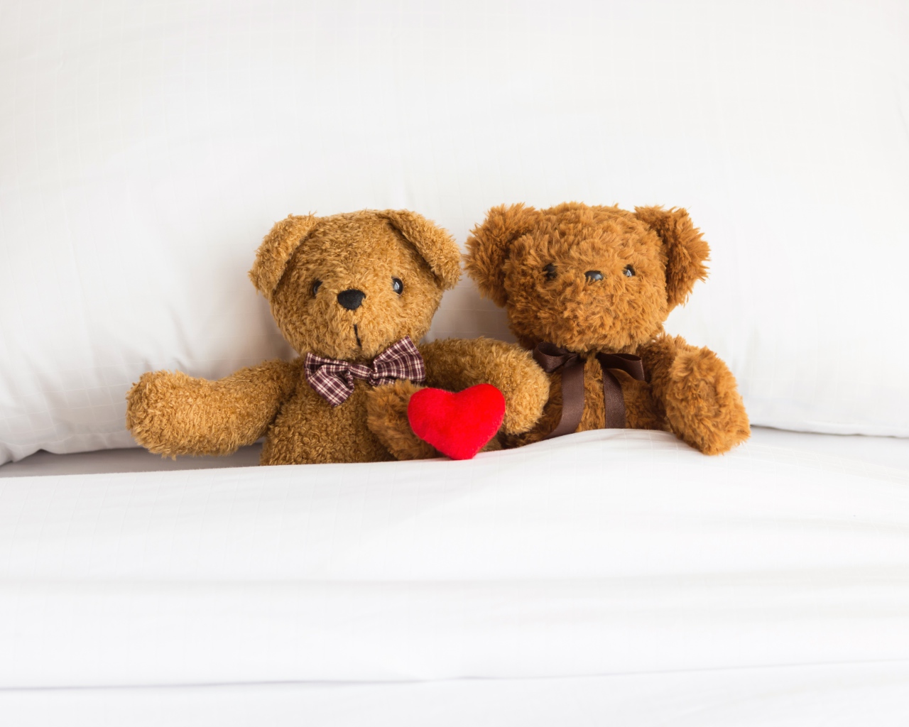 Два медвежонка Тедди лежат на кровати под одеялом 