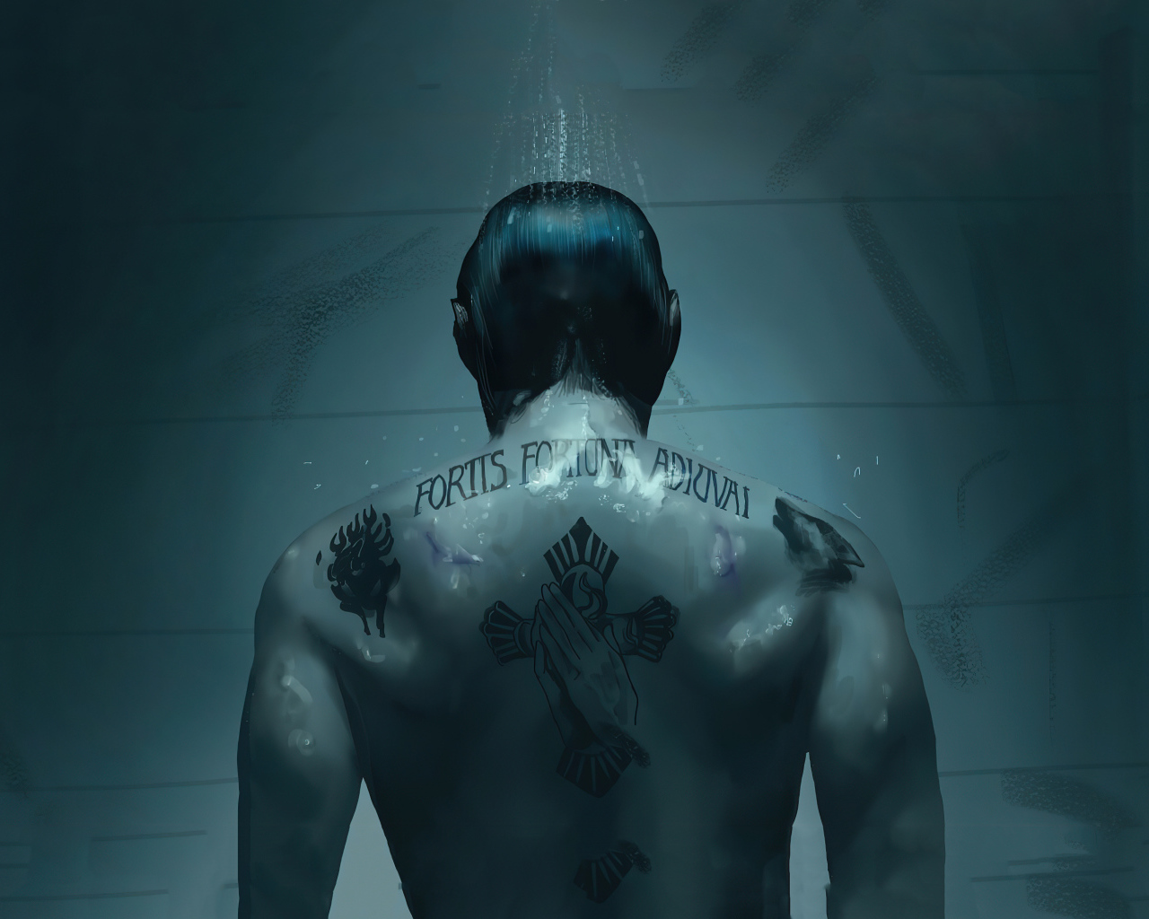 Movie character John Wick with tattoos on his back
