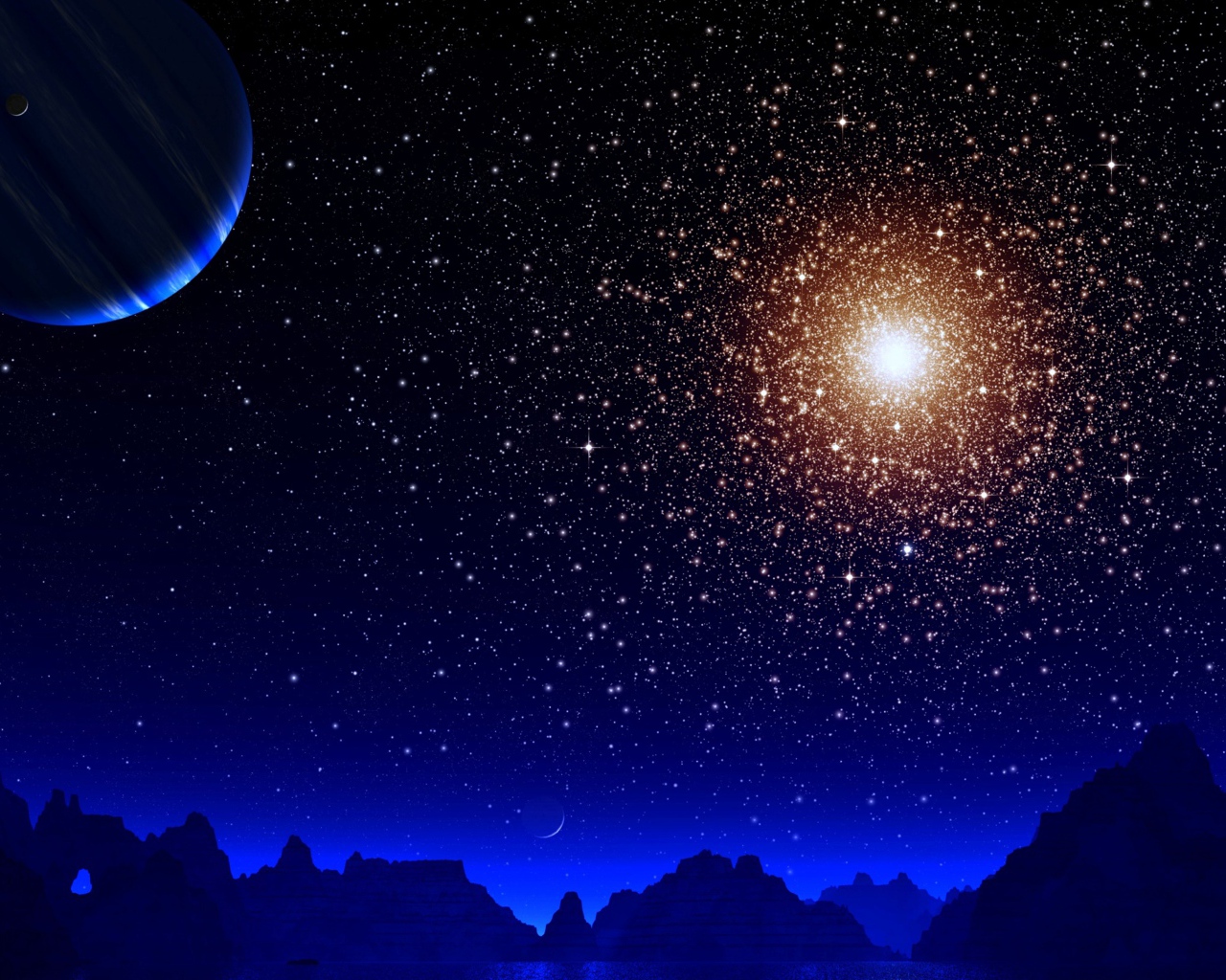 Яркая звезда в небе  с планетой над горами