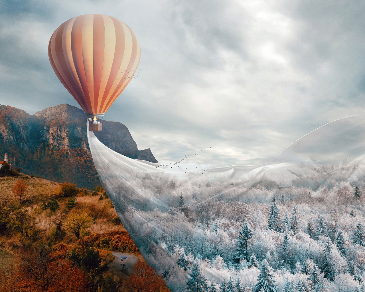 Большой воздушный шар покрывает землю морозом