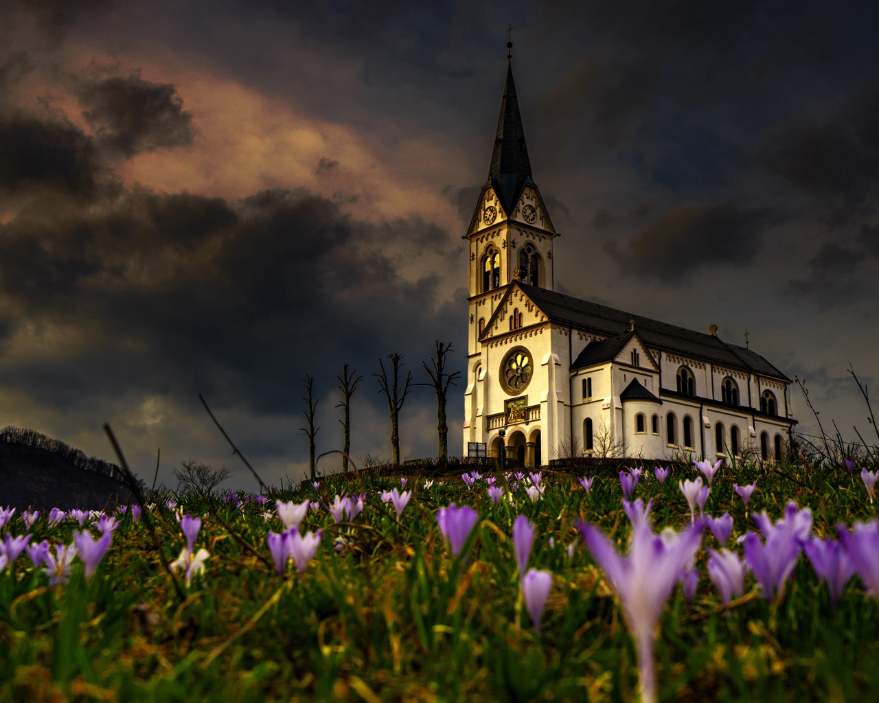 Старая часовня стоит на холме с цветами 