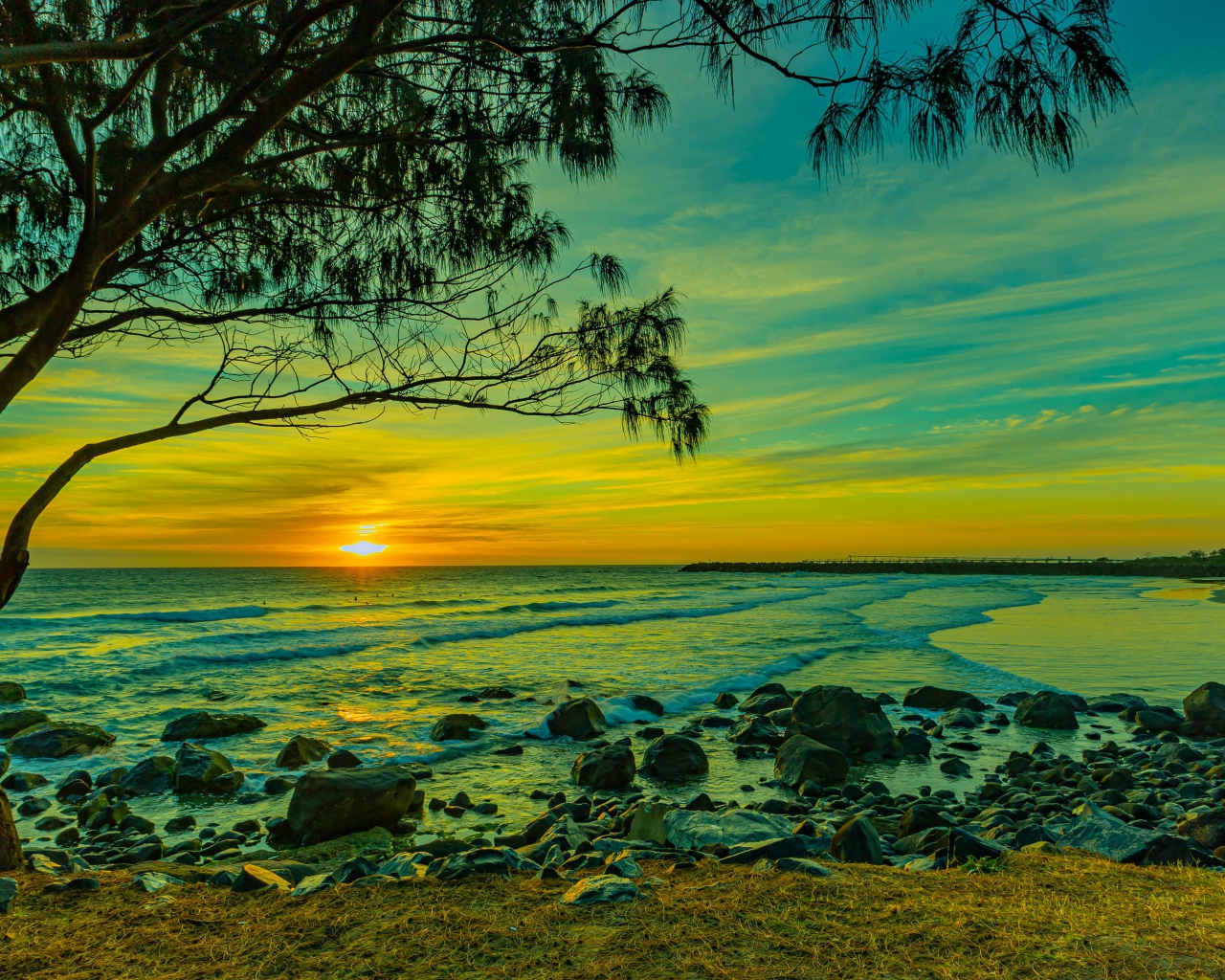 Красивый вид на морской берег с камнями на закате