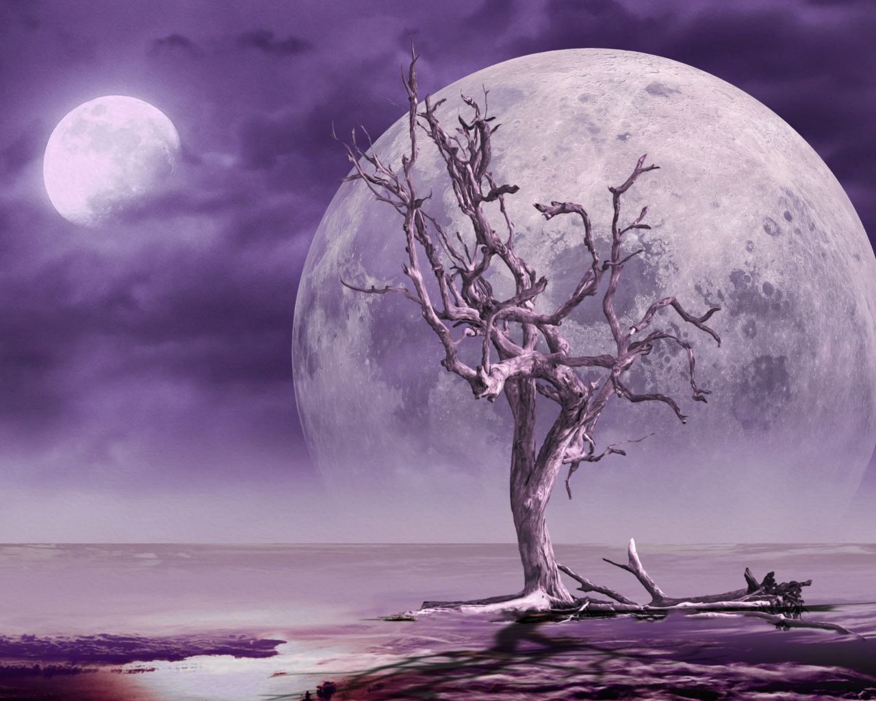 Большая луна в небе у сухого дерева