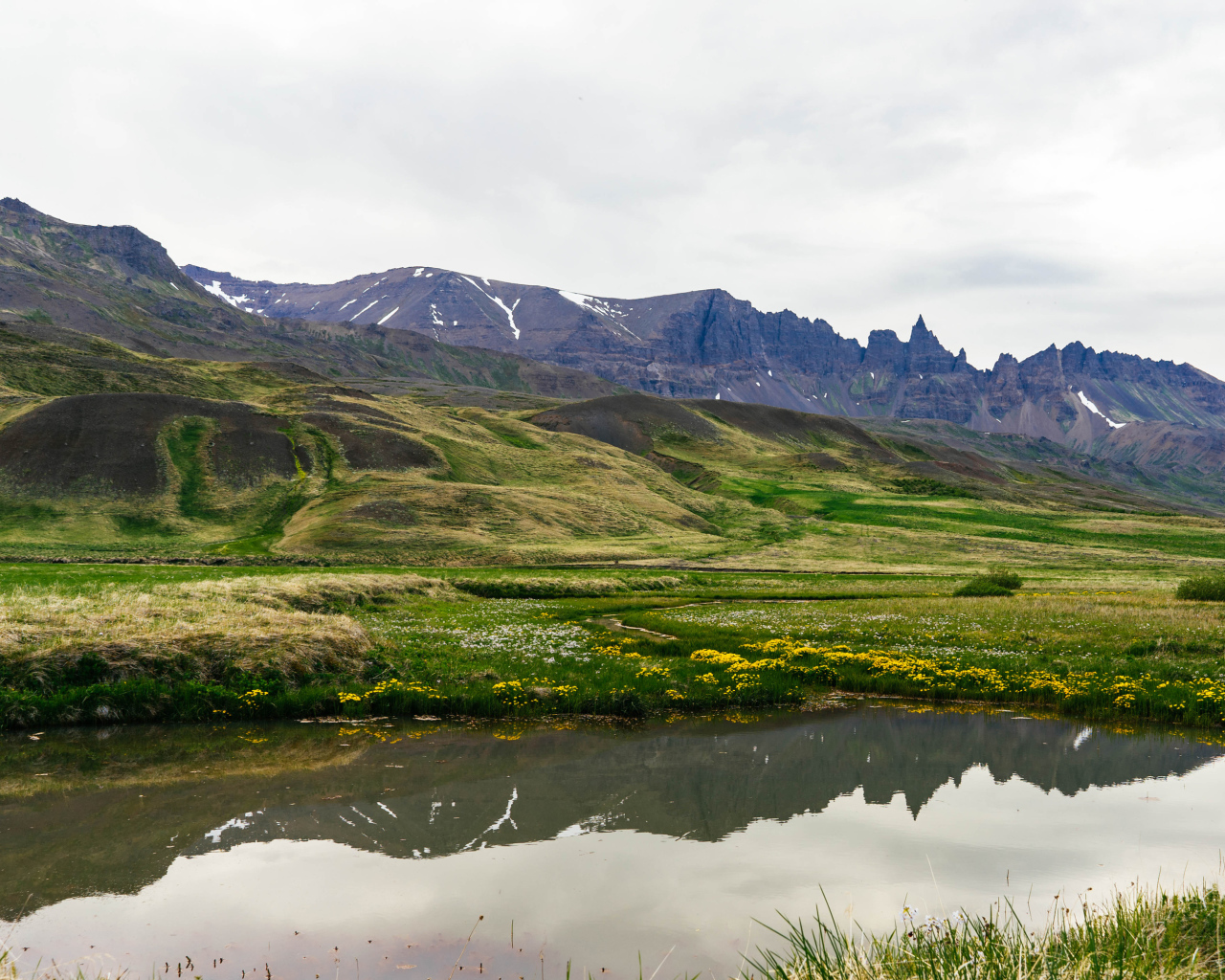 Озеро у холмов с зеленой травой в горах
