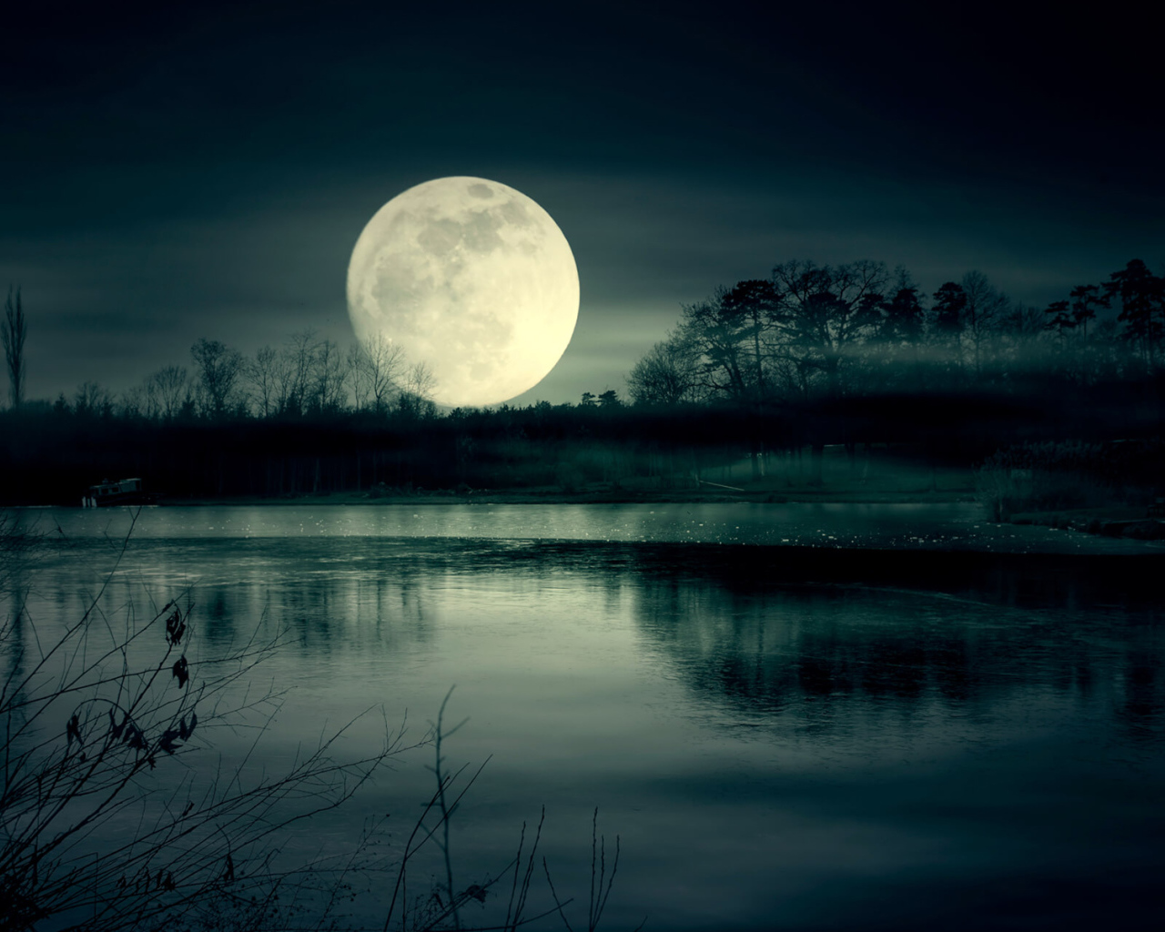 Огромная белая луна над озером ночью