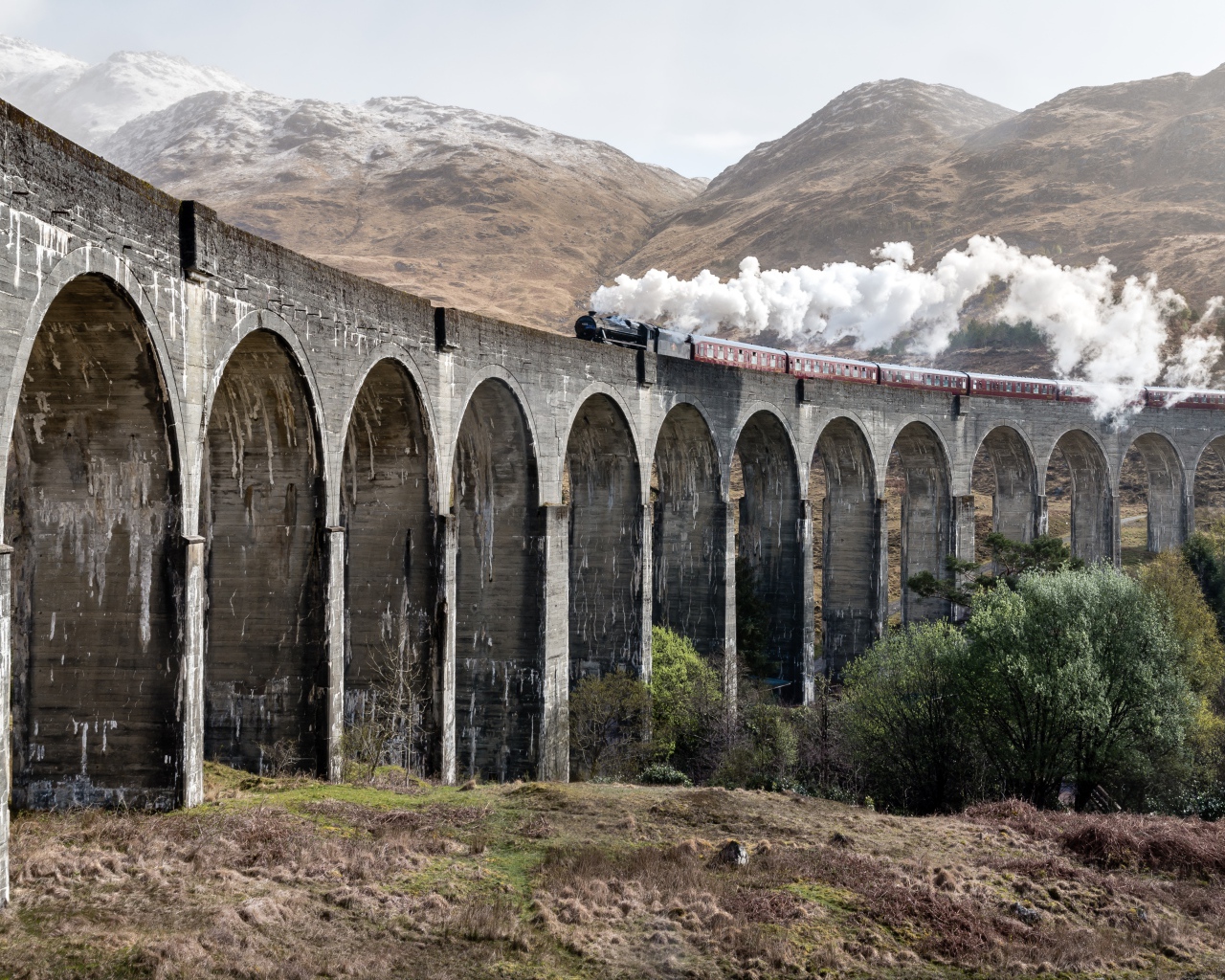 Паровоз едет по старому акведуку в горах 