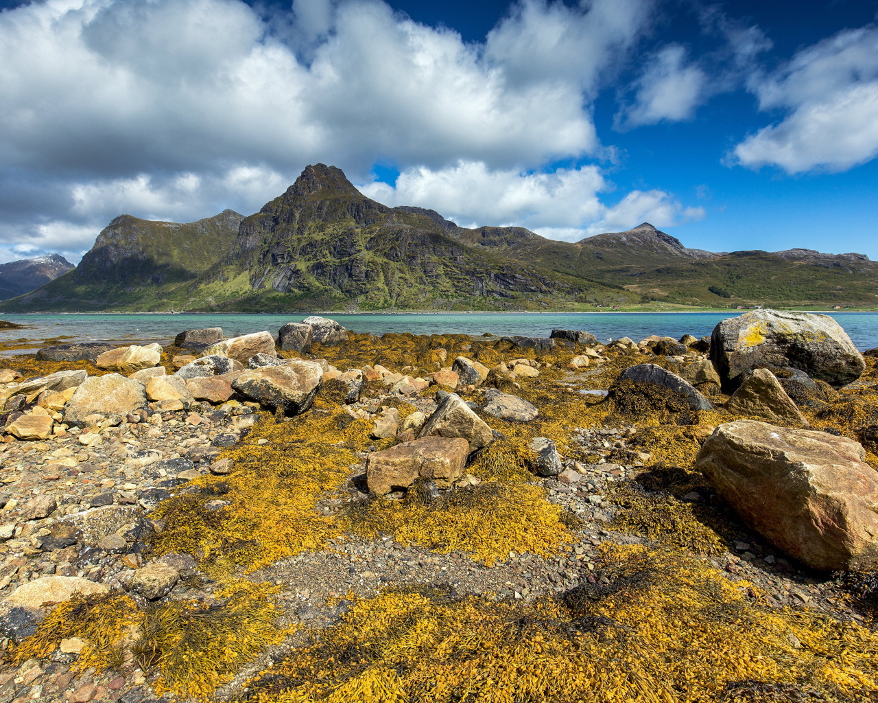 Камни на берегу реки под белыми облаками в голубом небе 
