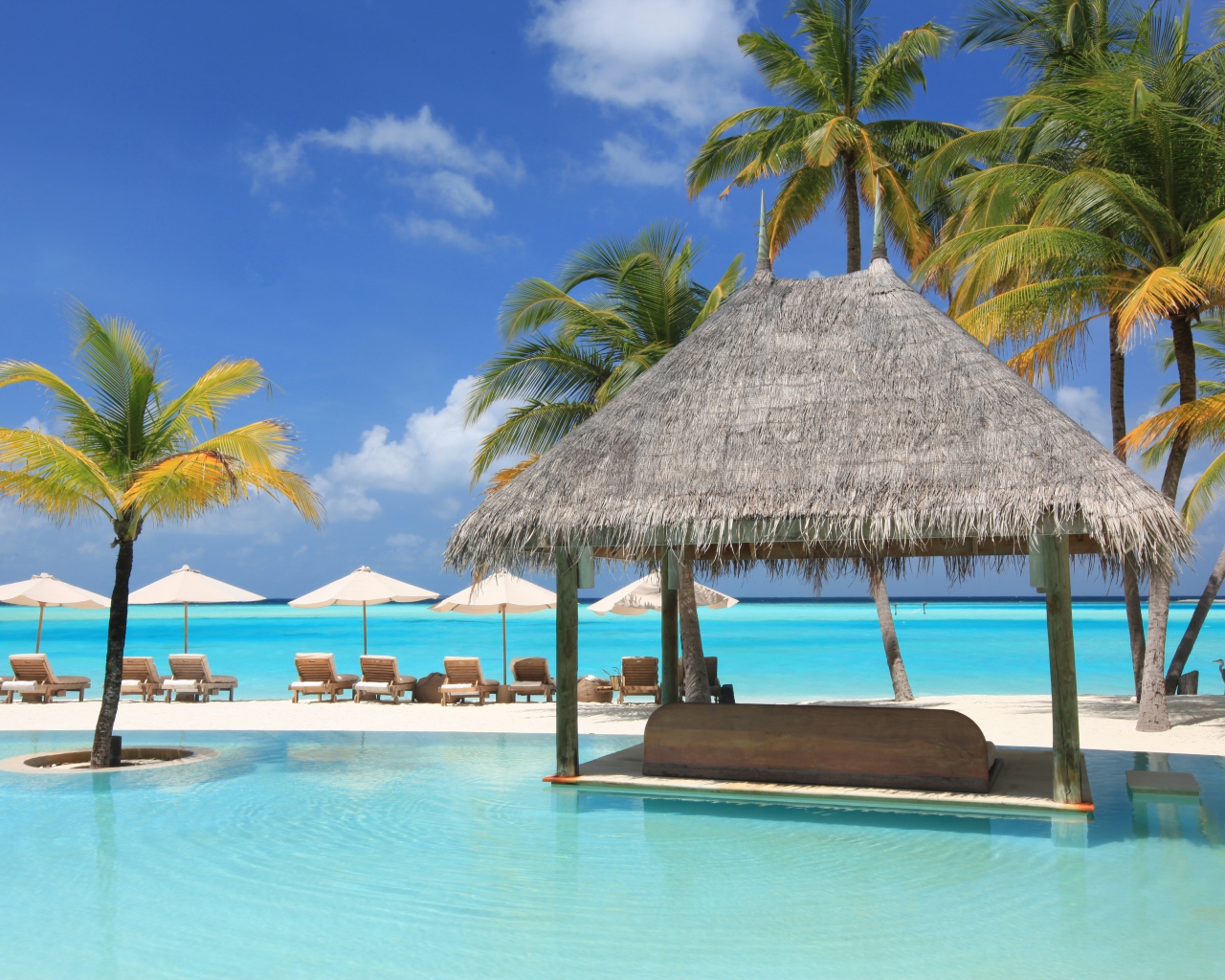 Шезлонги и пальмы на тропическом пляже у океана с голубой водой