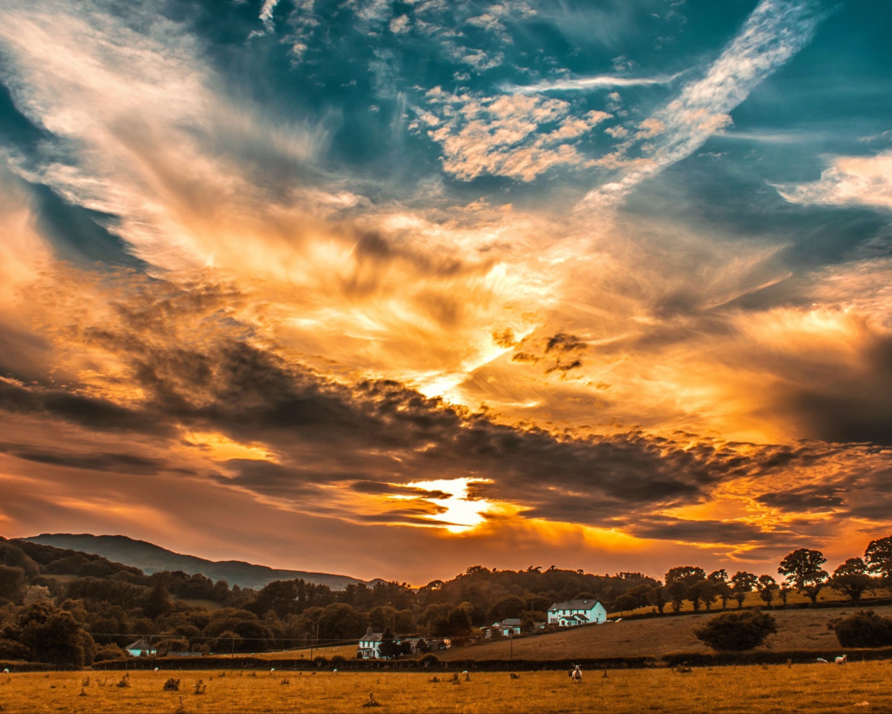 Красивое небо с облаками на рассвете над фермой