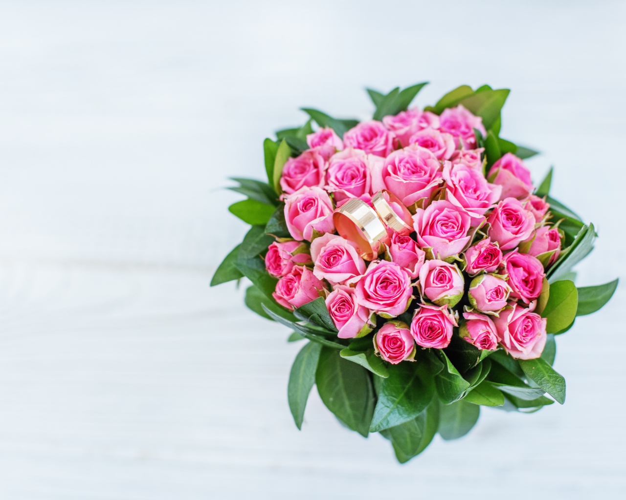 Большой букет розовых роз с золотыми обручальными кольцами
