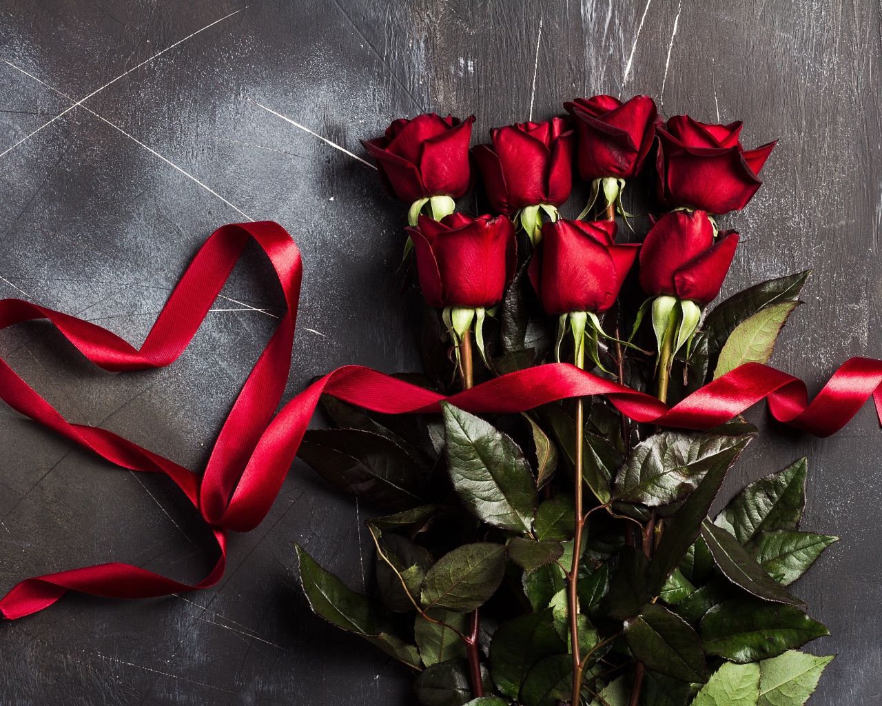 Букет красивых английских роз с красной лентой на сером фоне