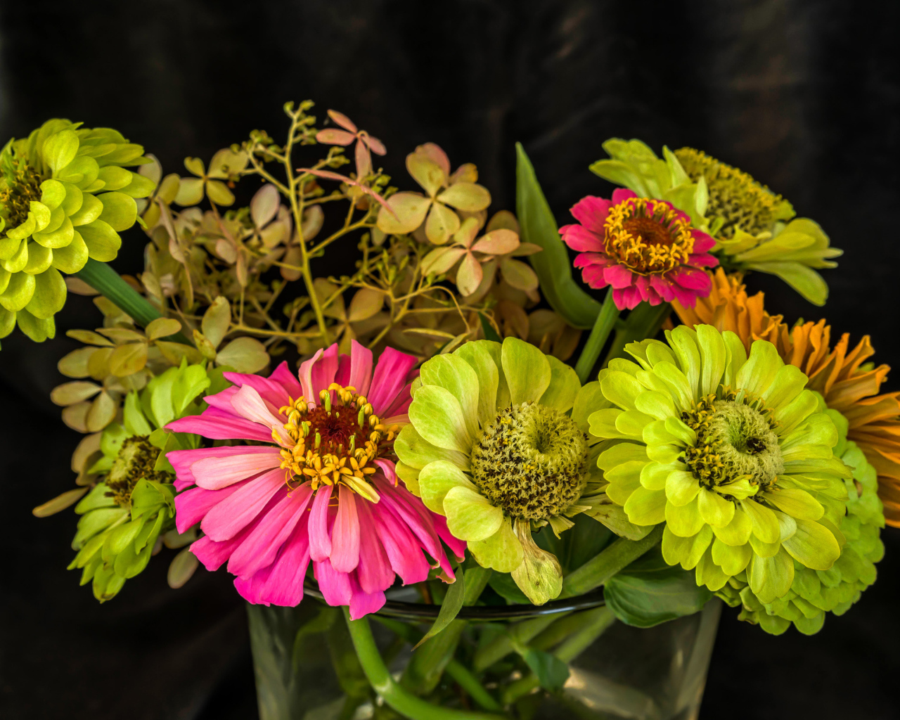 Букет разноцветных цветов цинния в вазе 