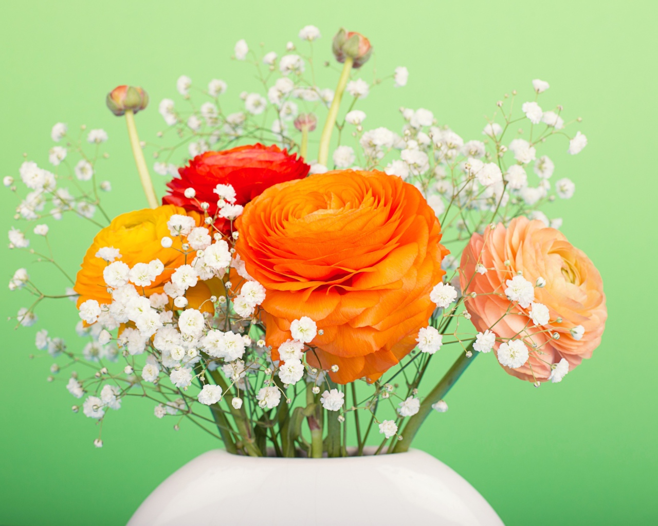 Букет разноцветных лютиков в белыми цветами в вазе на зеленом фоне