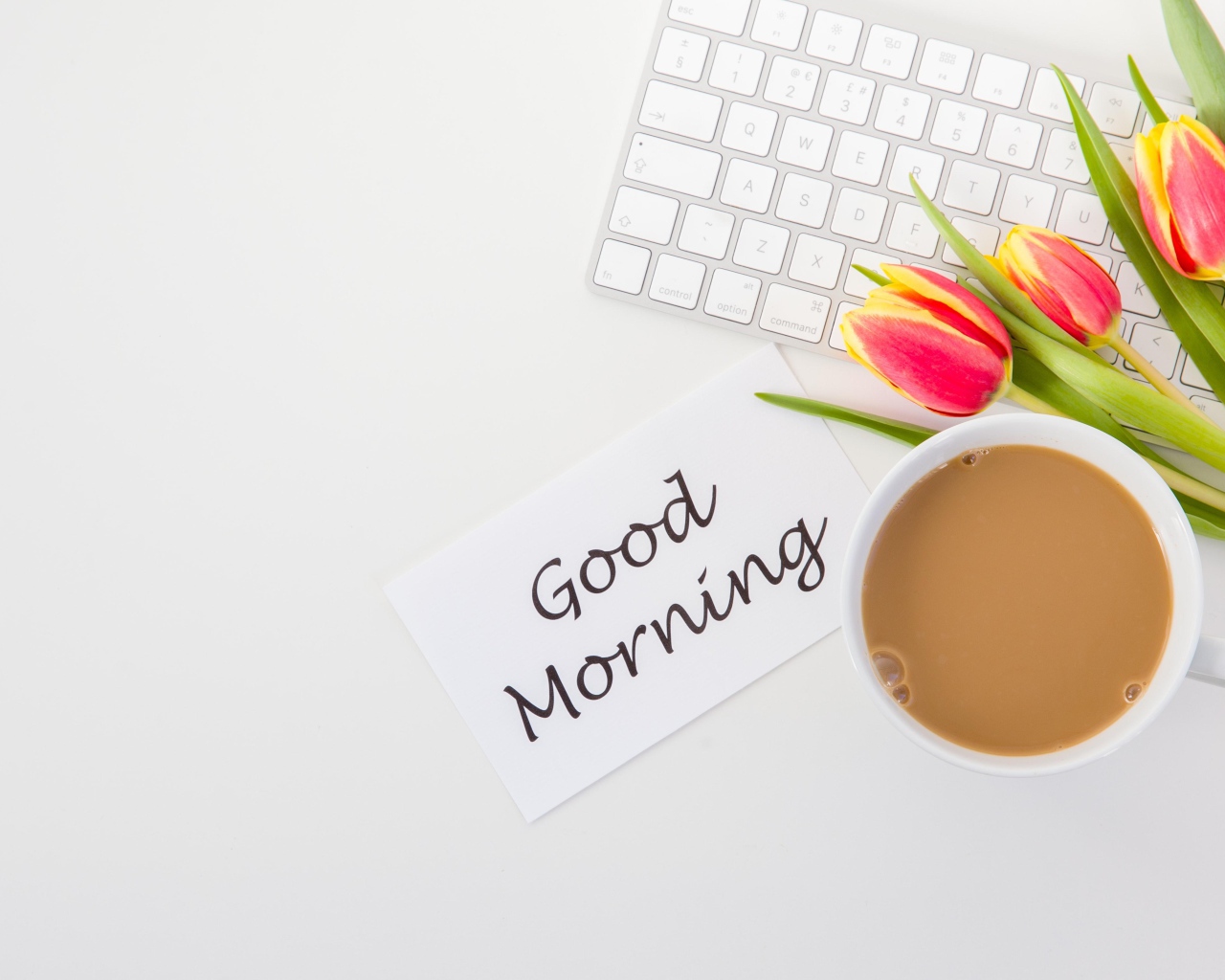 Ноутбук с букетом тюльпанов и какая и надписью с Добрым утром