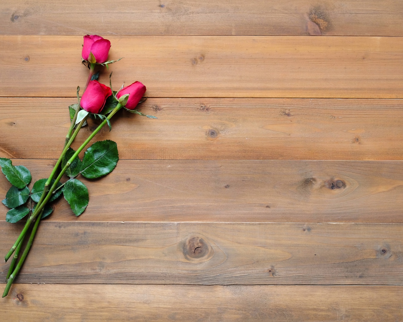 Три красные розы лежат на деревянном столе 