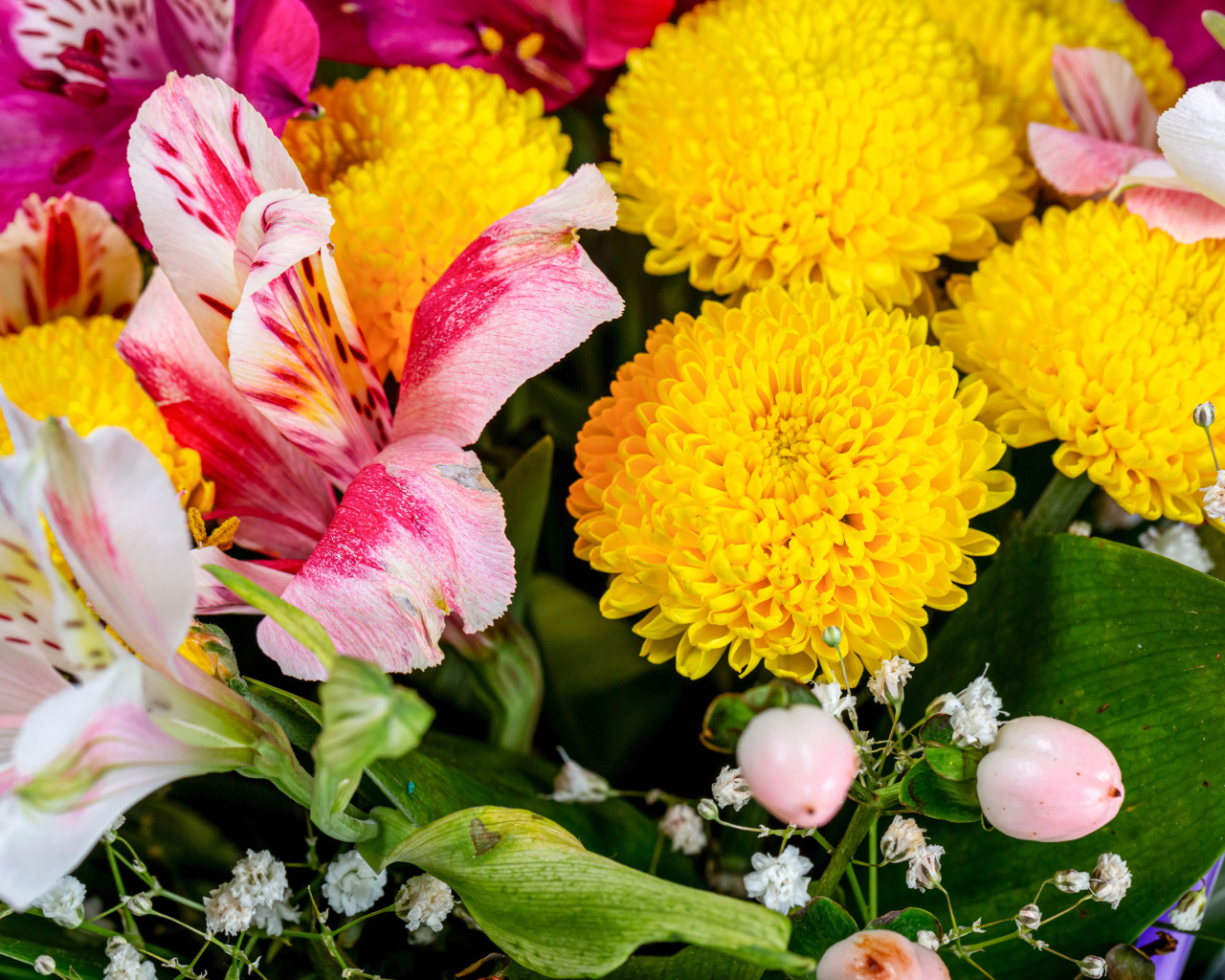 Желтые хризантемы и цветы альстромерии в букете 