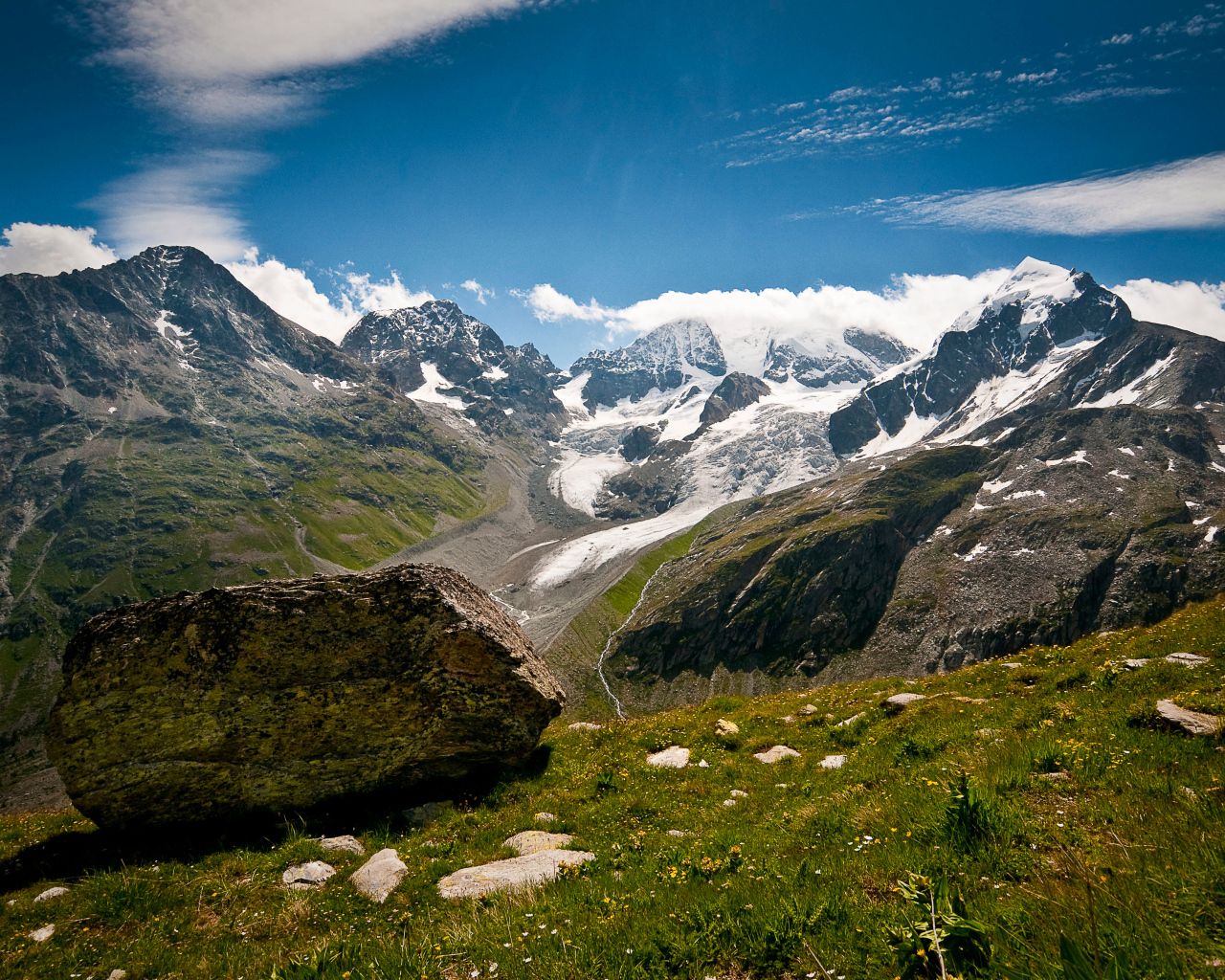 Высокие заснеженные швейцарские горы под голубым небом 