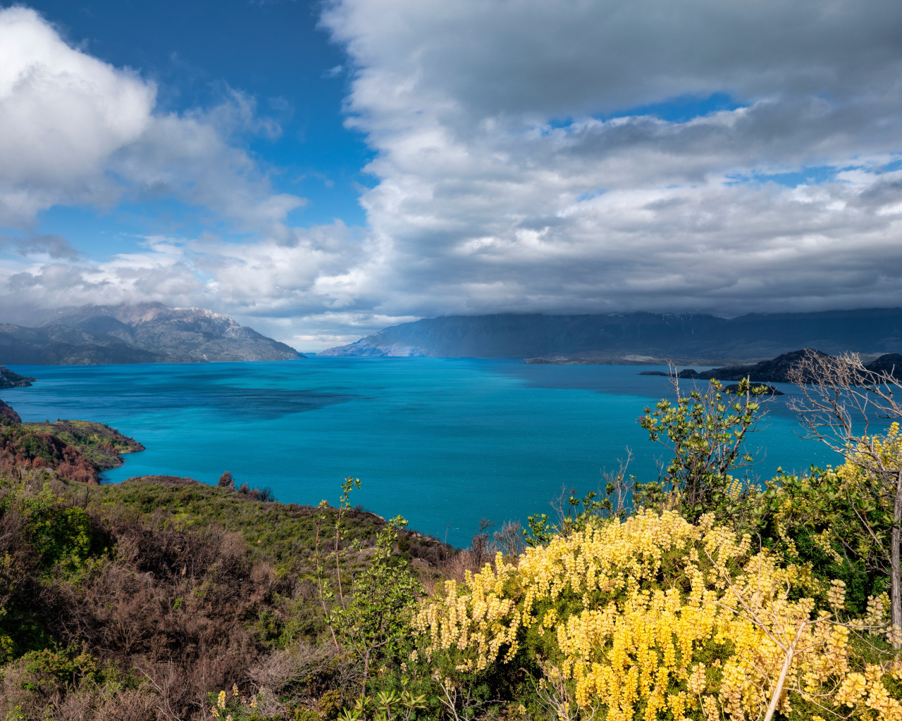 Густые белые облака над озером в горах 
