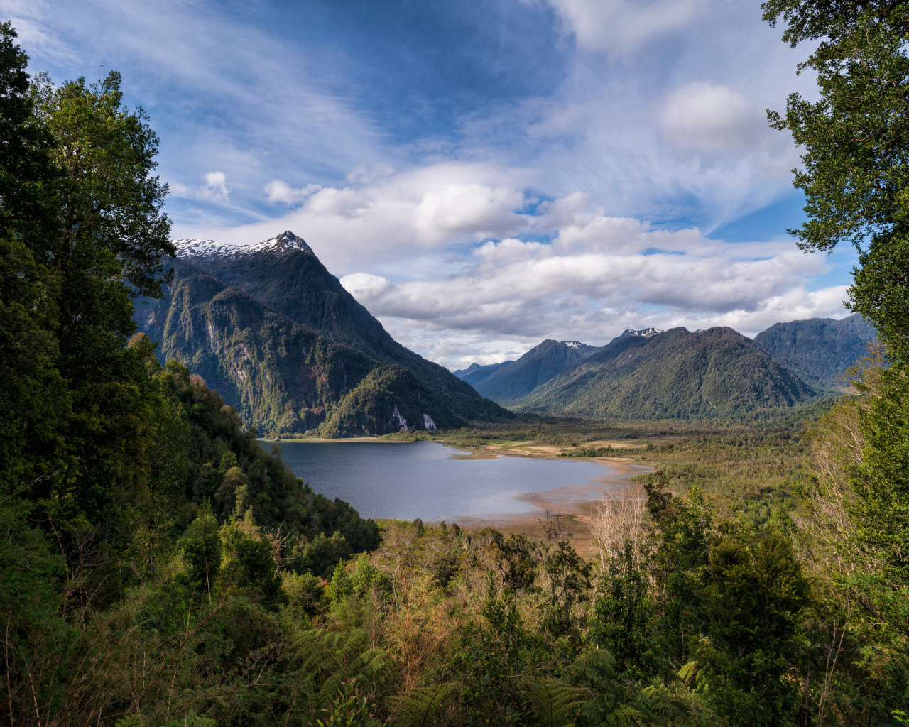 Озеро у гор в зеленых зарослях 