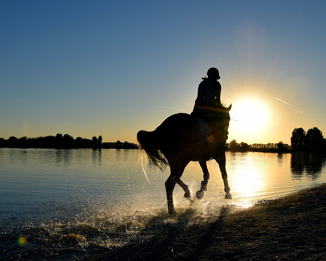 Девушка на лошади скачет по воде на закате солнца