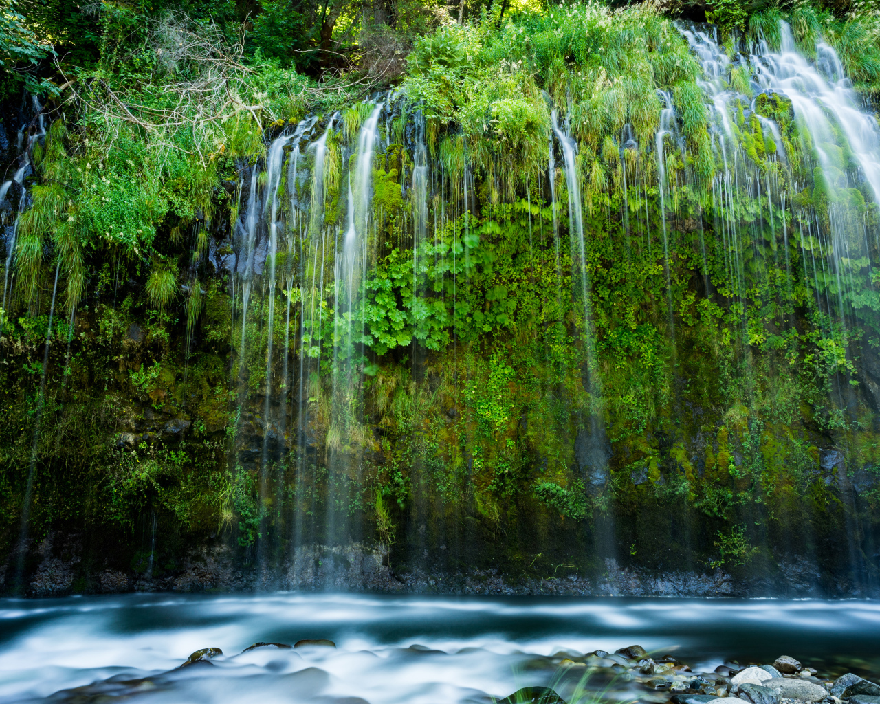 Красивый водопад стекает по покрытом зеленью утесе 