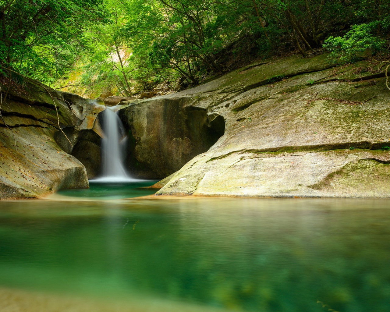 Водопад стекает по скале в озеро в лесу