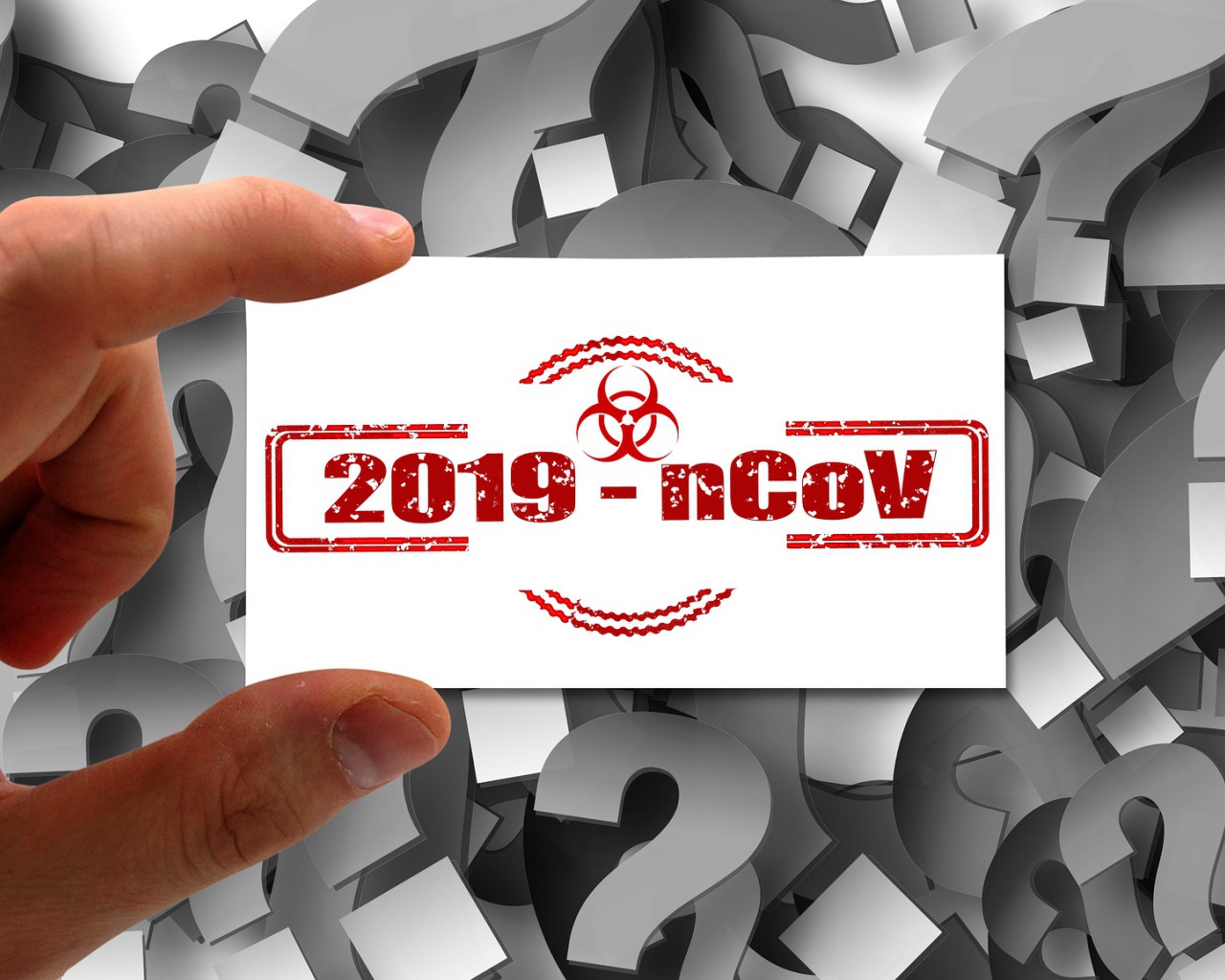 Табличка коронавирус covid-19 в руке на фоне знаков вопроса