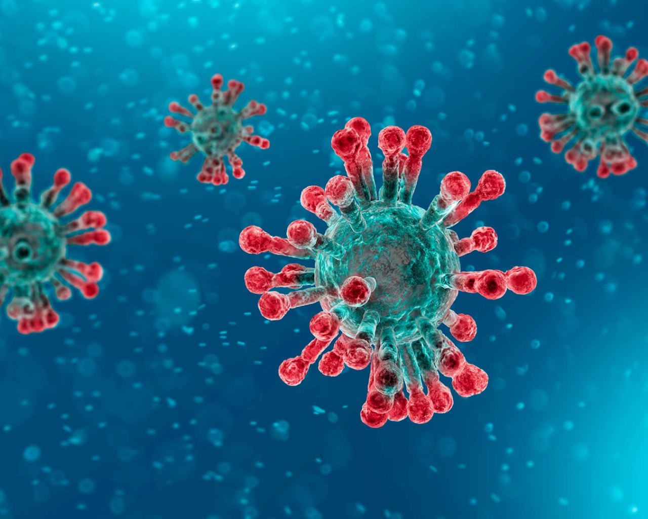 Страшные бактерии коронавируса COVID-19 на голубом фоне