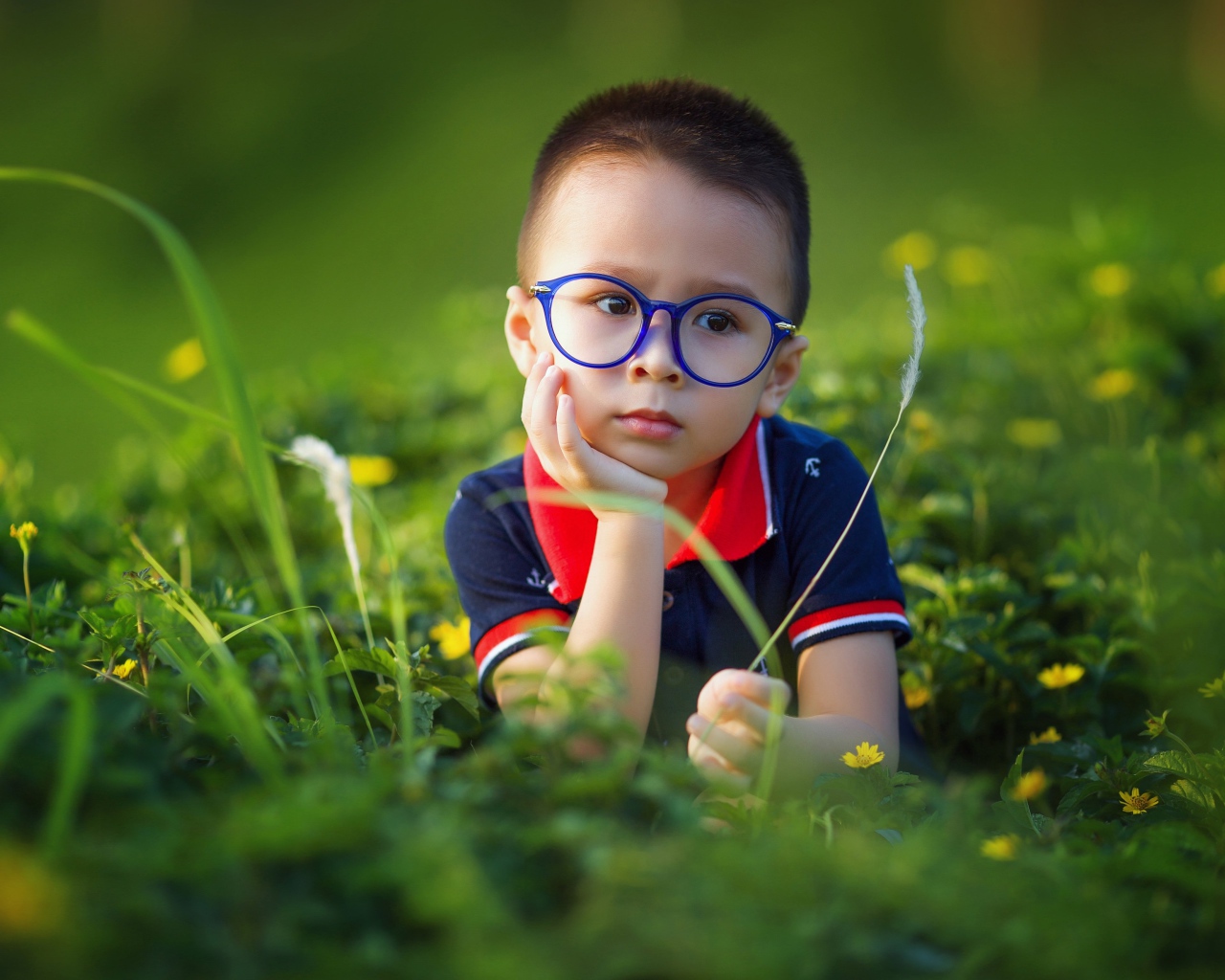 Мальчик в очках сидит в зеленой траве