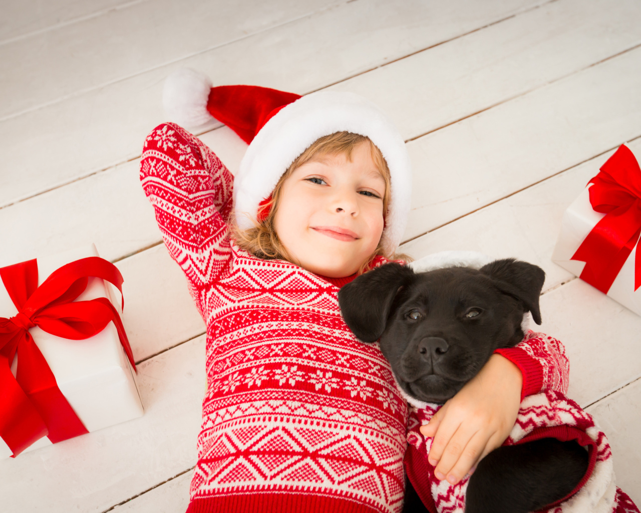 Милая девочка в новогоднем костюме на полу с собакой 