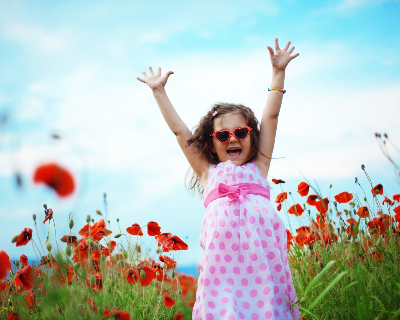 Счастливая маленькая девочка в платье на поле с маками