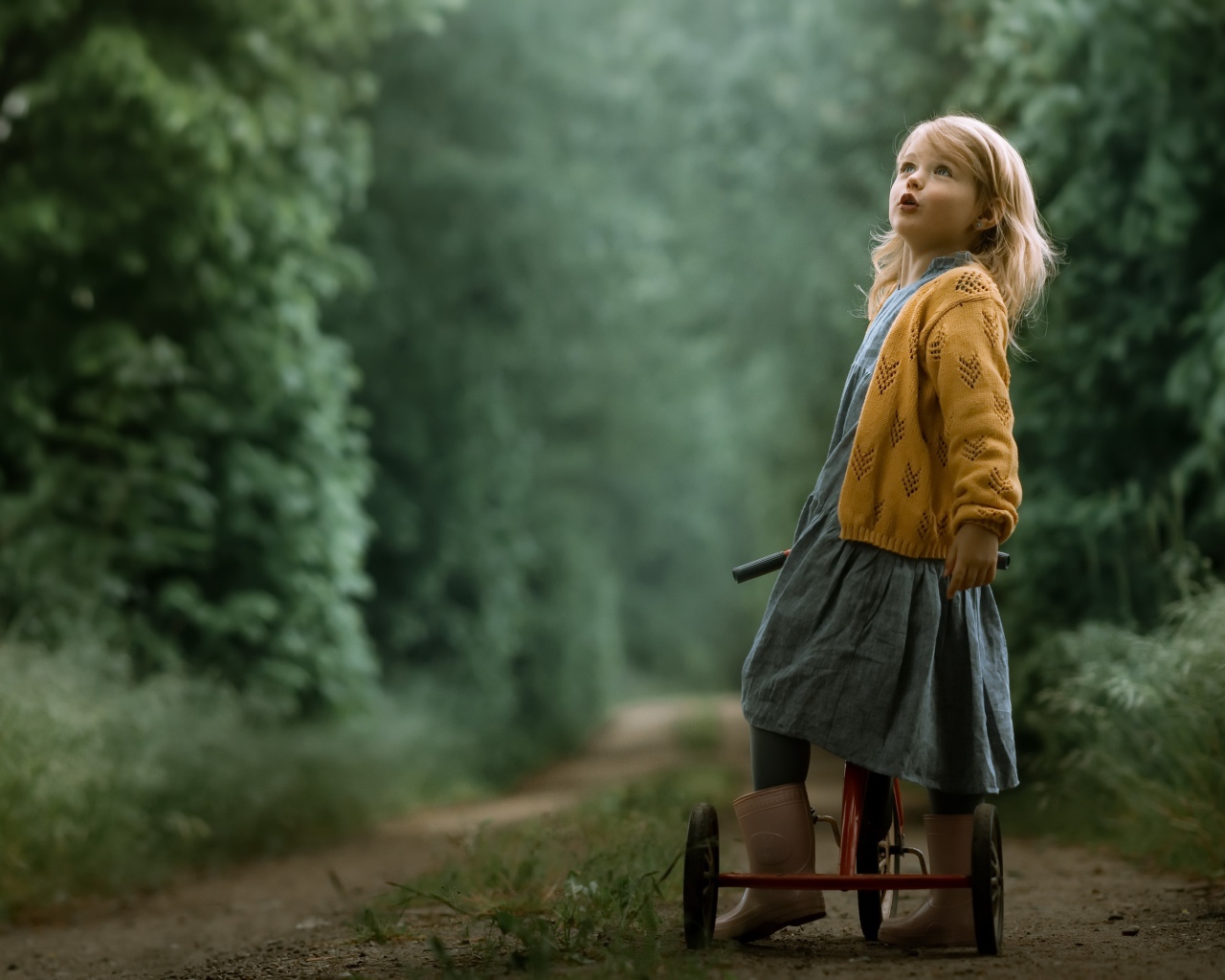 Маленькая девочка на трехколесном велосипеде 