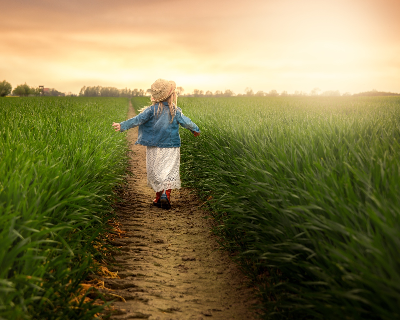 Маленькая девочка идет по полю с зеленой травой 