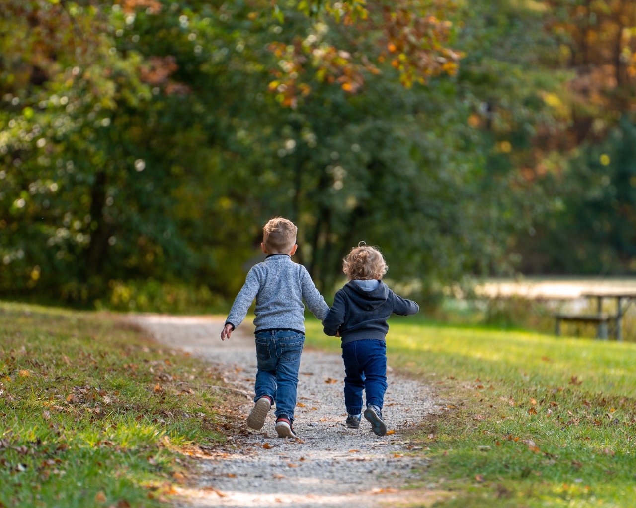 Два маленьких ребенка гуляют в осеннем парке