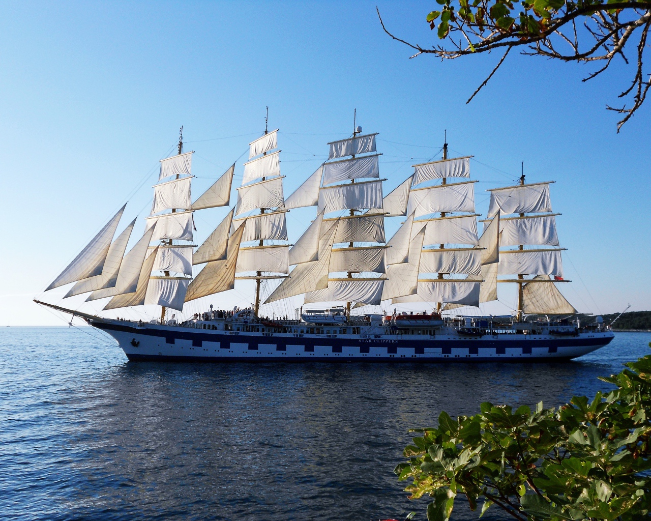 Большой корабль с белыми парусами идет в плаванье