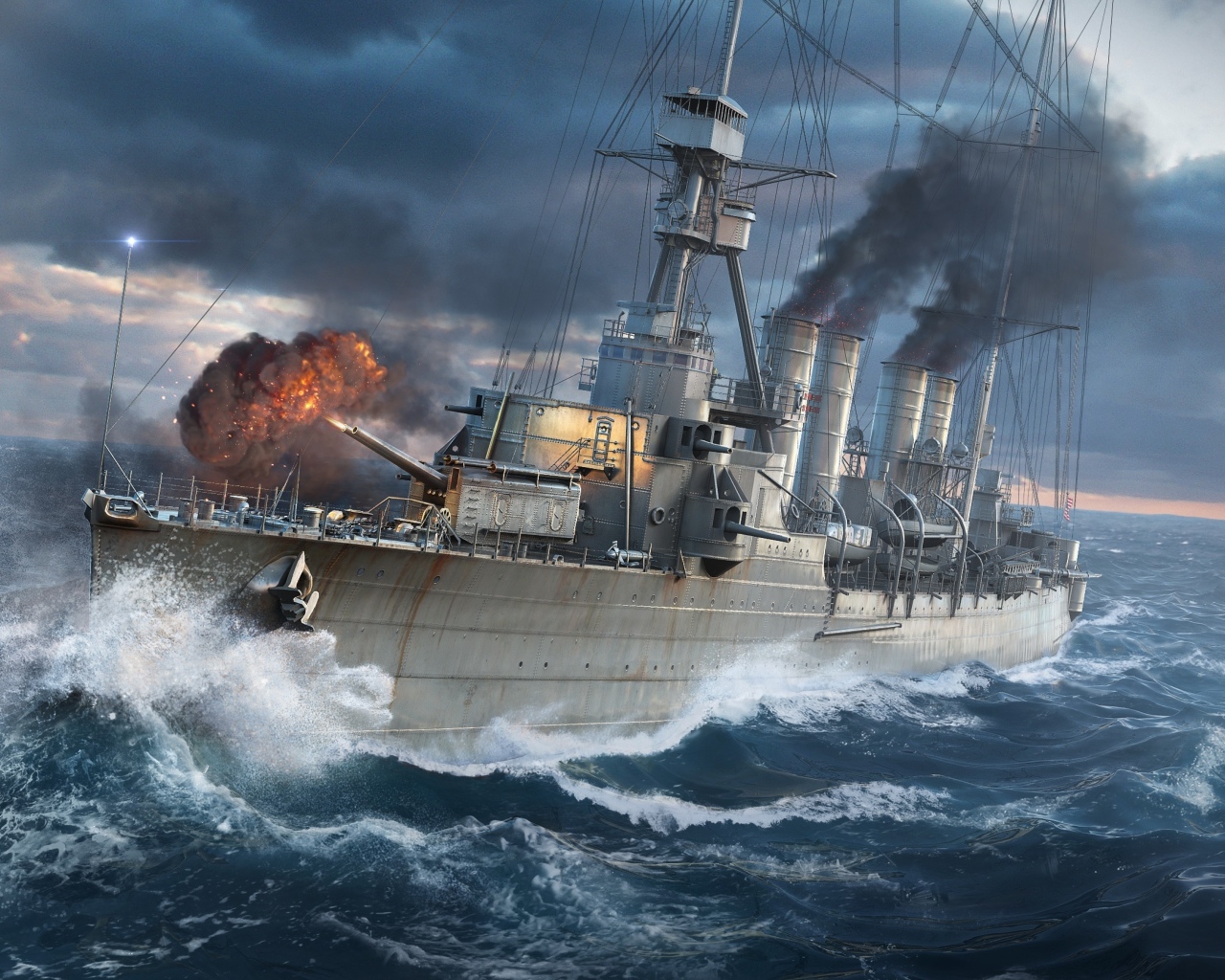Военный линкор в море во время шторма 