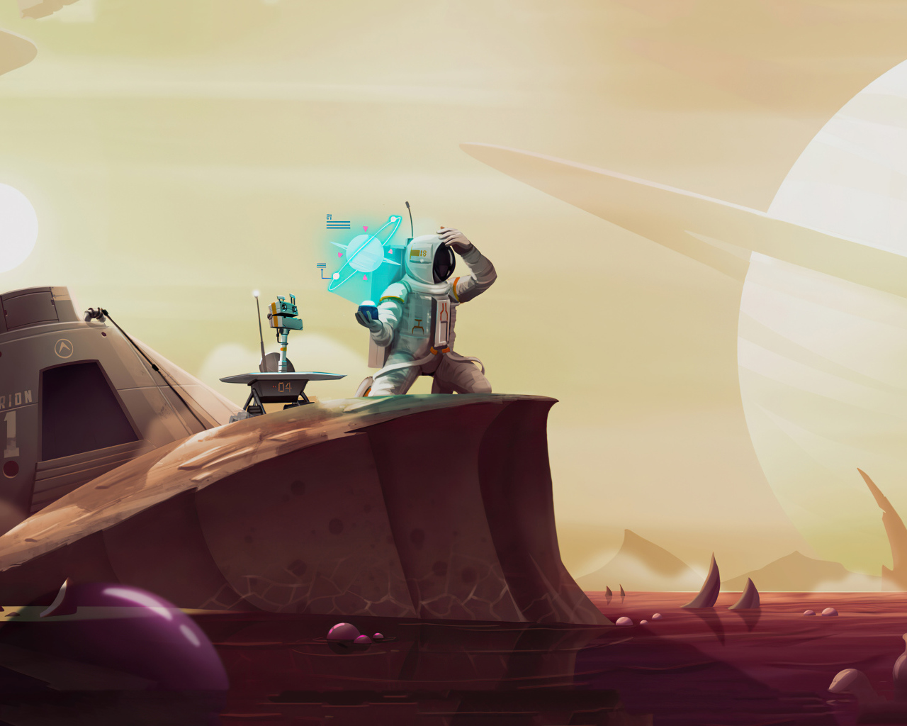 Астронавт с роботом на неизвестной планете в космосе 