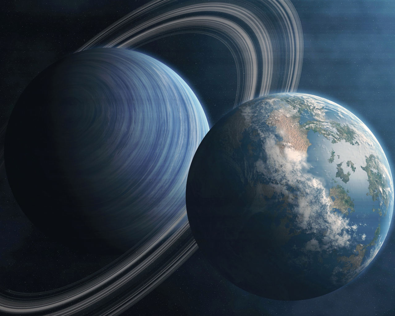 Большая планета Сатурн и планета Земля в космосе 