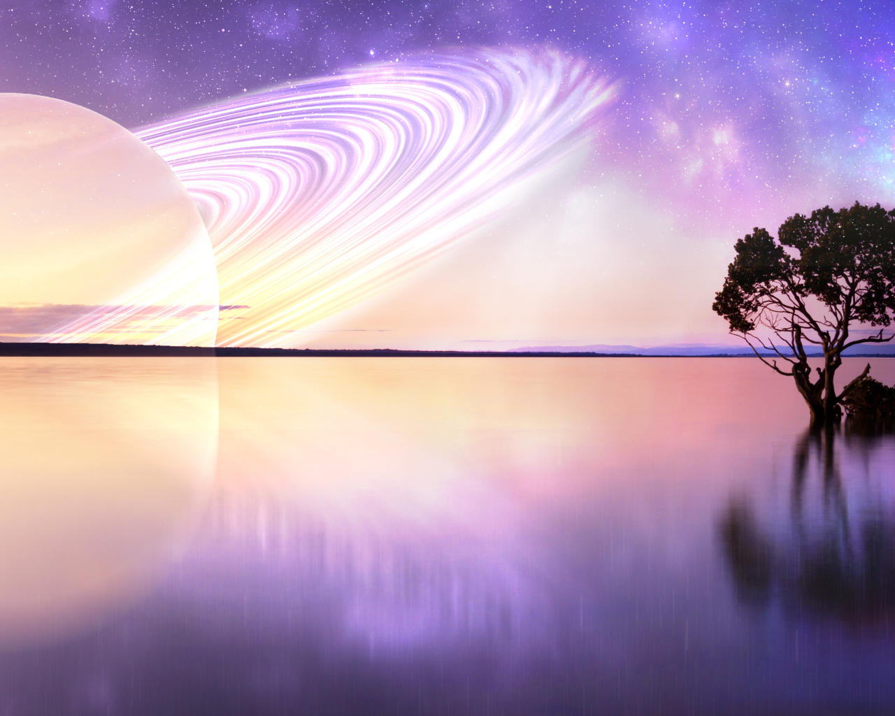 Большая планета Сатурн в небе над озером