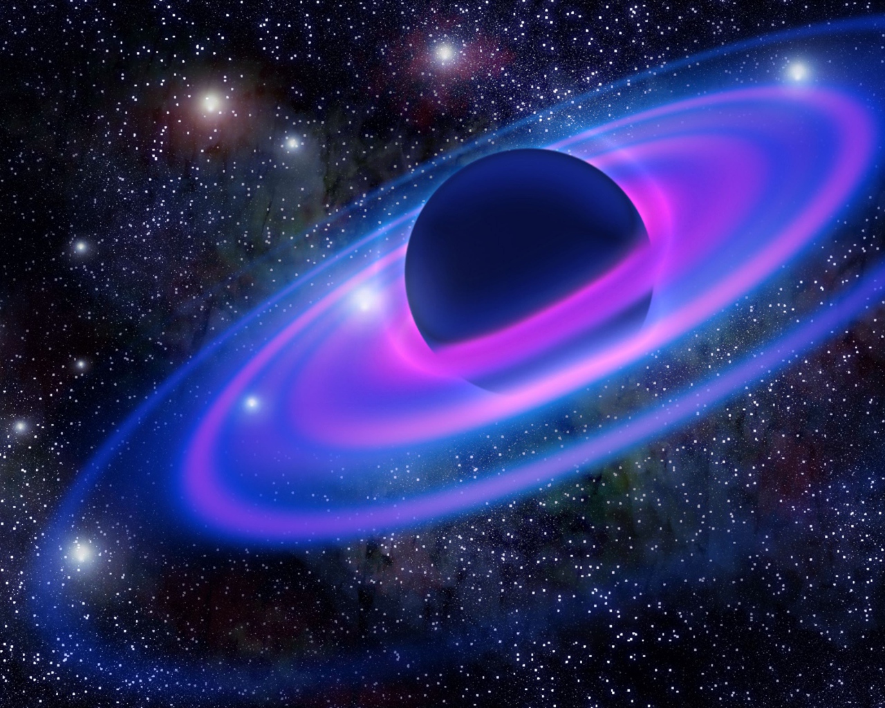 Большая планета с неоновыми кольцами в звездном небе 