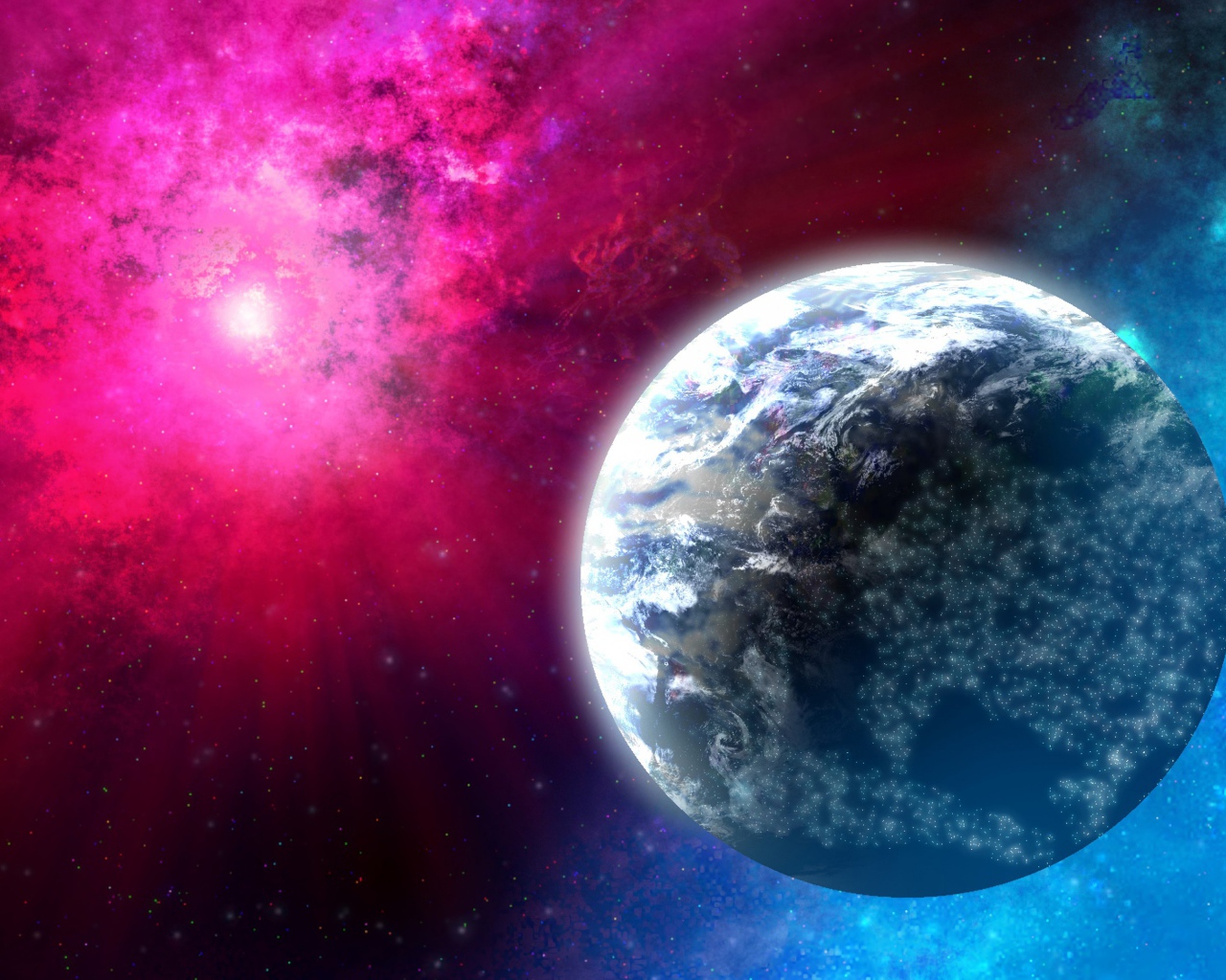 Планет земля на розовом фоне в космосе 