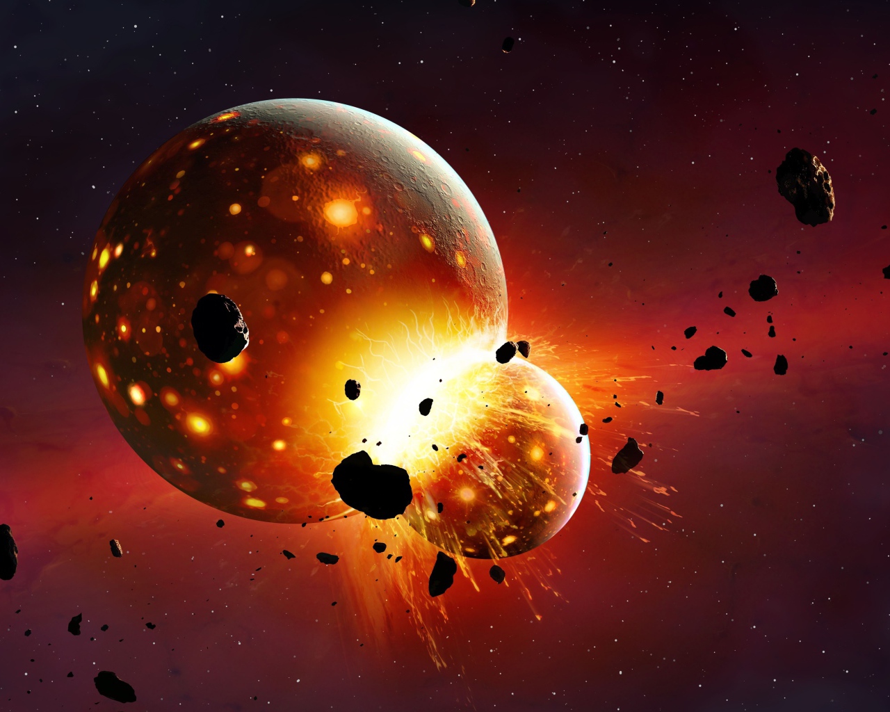 Explosion from a collision of planets in space