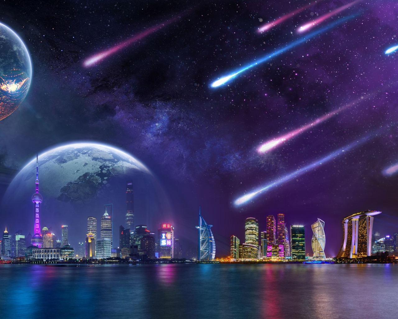 Метеориты в небе с планетами надают на мегаполис ночью