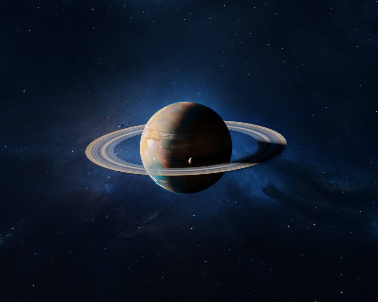 Большая планета Сатурн в голубом космосе 