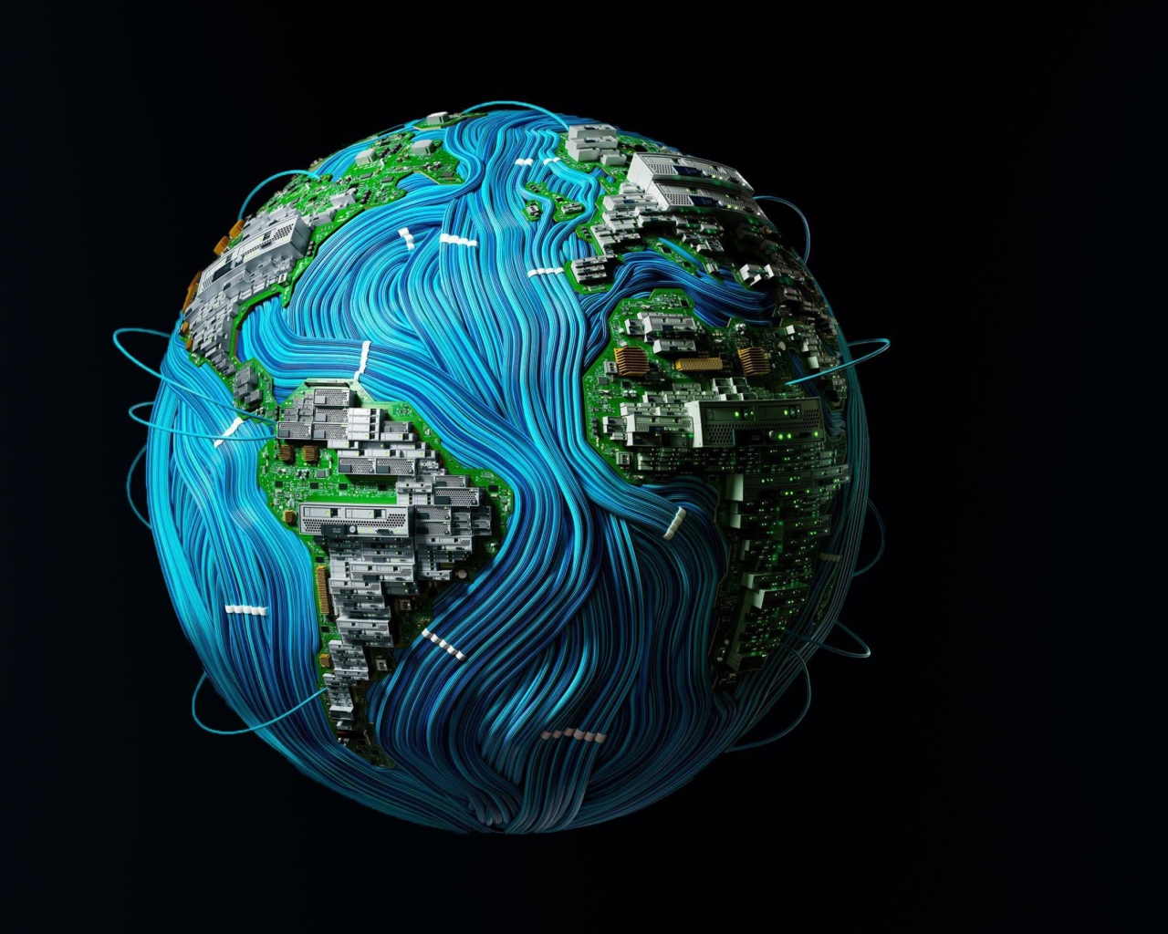 Планета земля окутана проводами на черном фоне