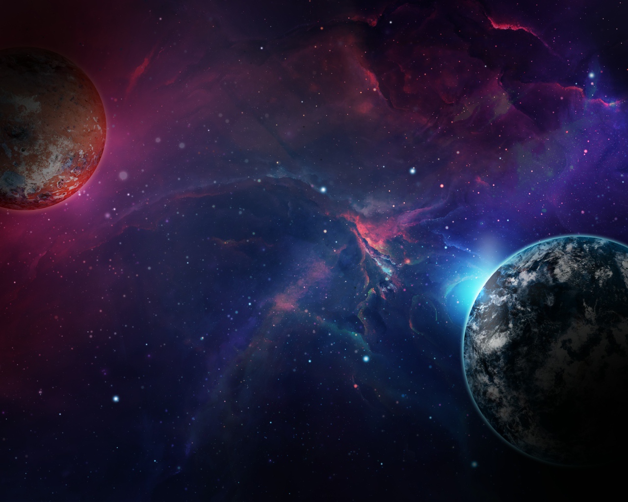 Две планеты в открытом голубом космосе