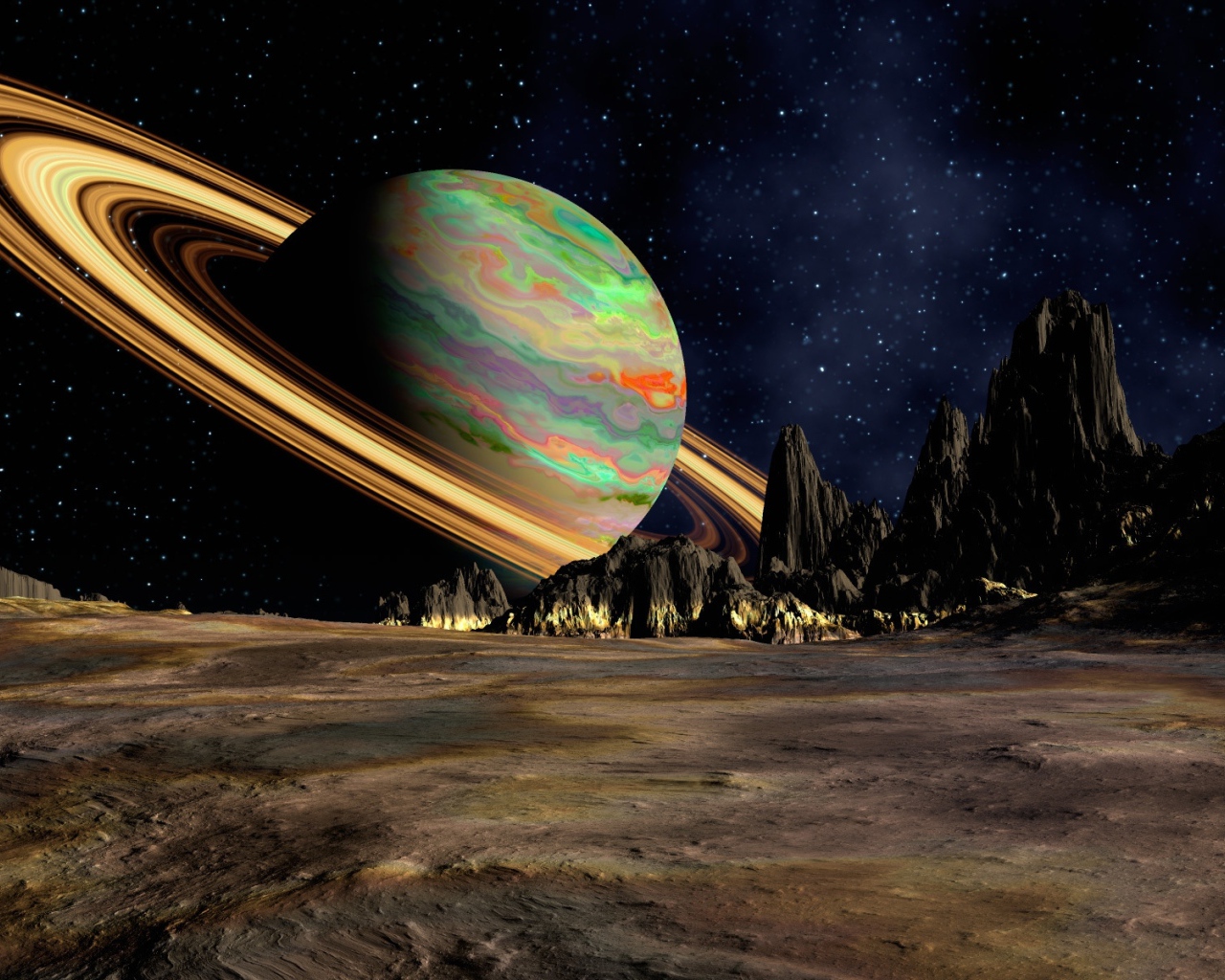 Вид на большую планету Сатурн в космосе