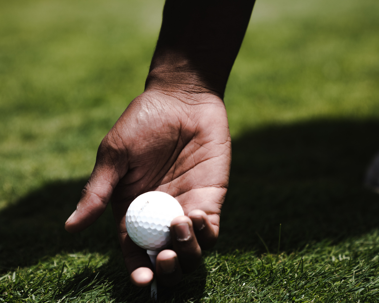 Белый мячик для гольфа в руке у мужчины на поле 