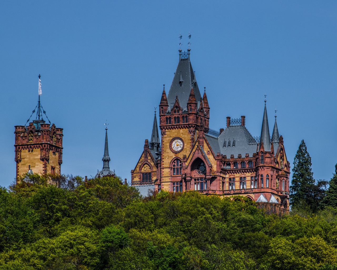 Замок Драхенбург в зарослях деревьев под голубым небом